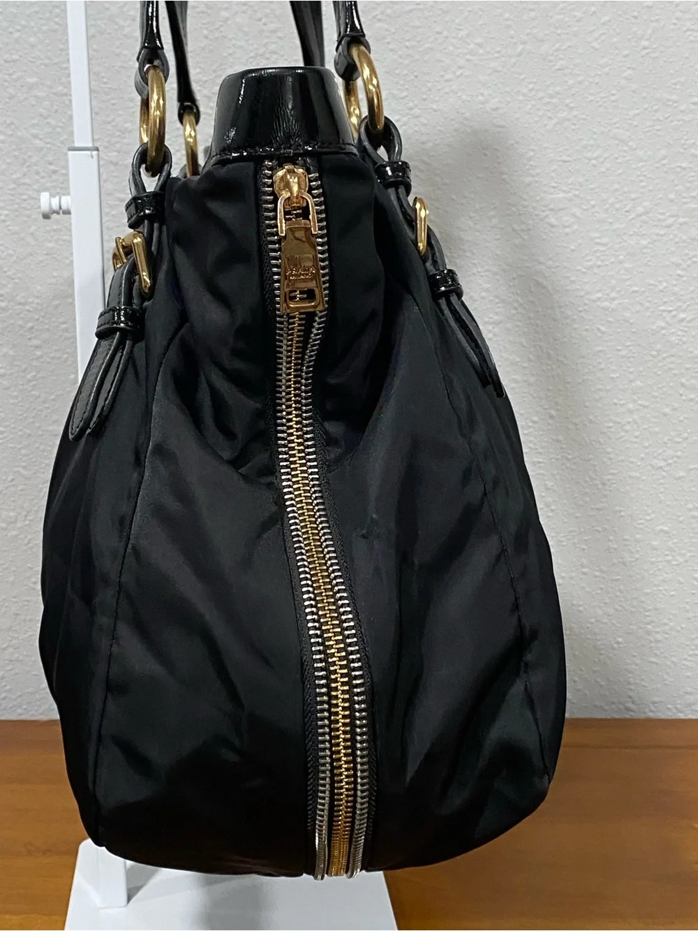 Black Nylon Tote Bag with Patent Leather Trim
